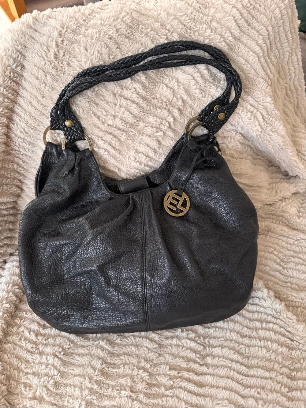 Elliott Lucca Black Leather Braided-Handle Hobo Bag